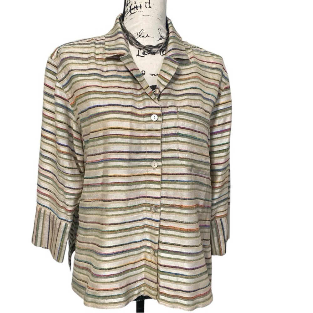 Chico’s Silk Striped Abstract Button Down Blouse Sz 1/Med 8 Pleated Cuff Boho